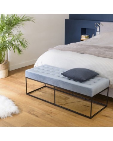 Banc en velours bleu clair capitonné structure métal noir