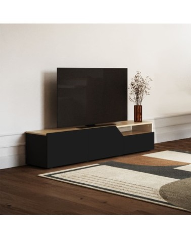 Meuble TV 1 niche effet bois chêne clair et noir