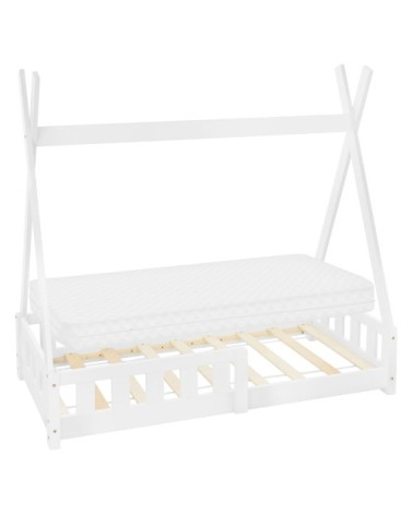Lit tipi enfant 70x140 cm sommier matelas et barrière inclus blanc