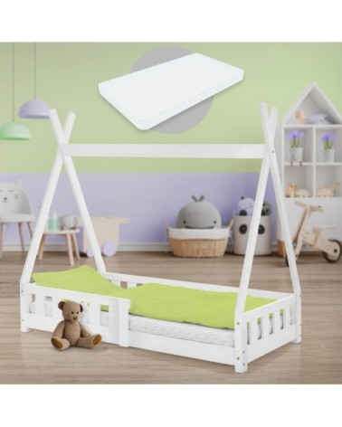 Lit tipi enfant 70x140 cm sommier matelas et barrière inclus blanc