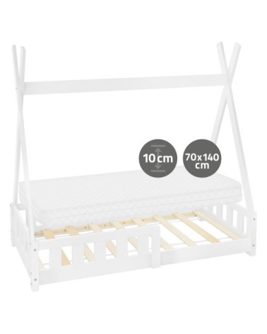 Lit tipi enfant 70x140 cm sommier matelas et barrière inclus blanc