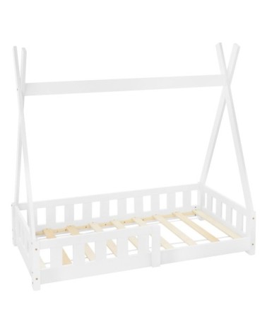 Lit tipi enfant 70x140 cm sommier et barrière inclus bois de pin blanc