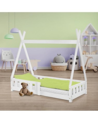 Lit tipi enfant 70x140 cm sommier et barrière inclus bois de pin blanc