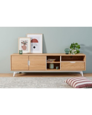 Meuble TV bas nordique en bois 3 portes 3 niches