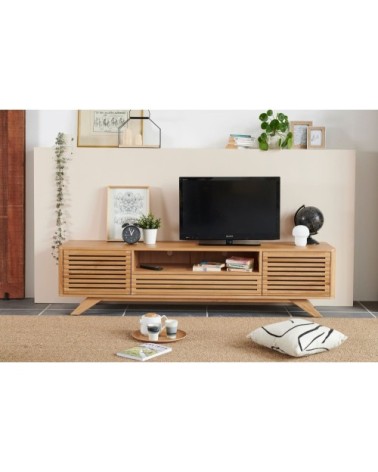 Meuble TV bas moderne en chêne 2 portes 1 tiroir 1 niche L200