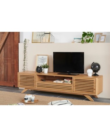 Meuble TV bas moderne en chêne 2 portes 1 tiroir 1 niche L200