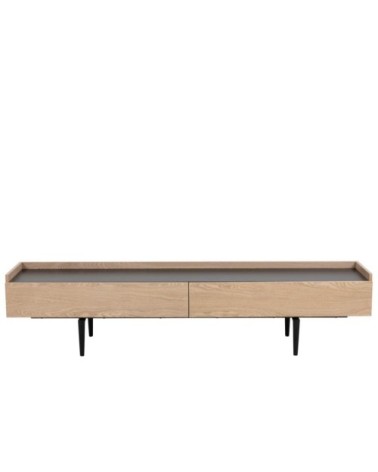 Meuble TV bas moderne en finition bois et pieds en métal noir