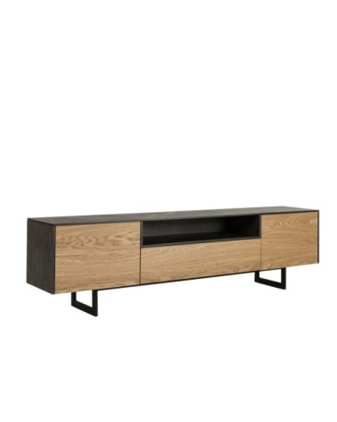 Meuble TV bas en finition bois et métal 2 portes 1 tiroir 1 niche L160