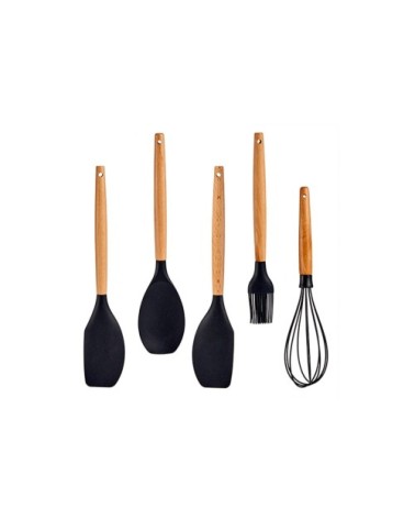 Ustensiles de cuisine manche en bois et polypropylène noir - Lot de 5