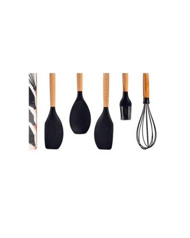 Ustensiles de cuisine manche en bois et polypropylène noir - Lot de 5