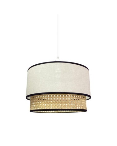 Suspension double à abat-jour cylindrique en lin blanc et raphia