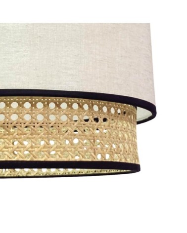 Suspension double à abat-jour cylindrique en lin blanc et raphia