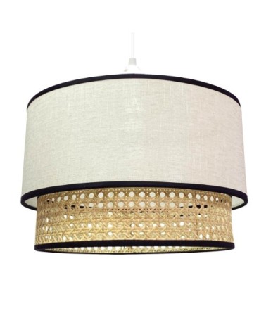 Suspension double à abat-jour cylindrique en lin blanc et raphia