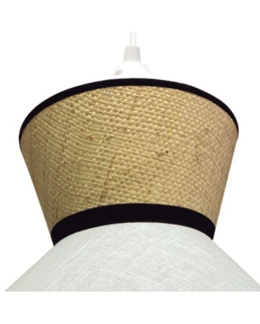 Suspension naturel avec abat-jour en lin et grille en raphia