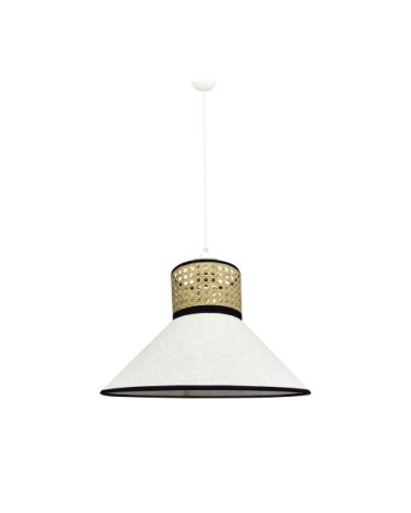 Suspension avec abat-jour en lin blanc et raphia au style naturel