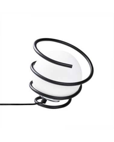 Lampe de table sphère en verre blanc entourée d'une spirale noire