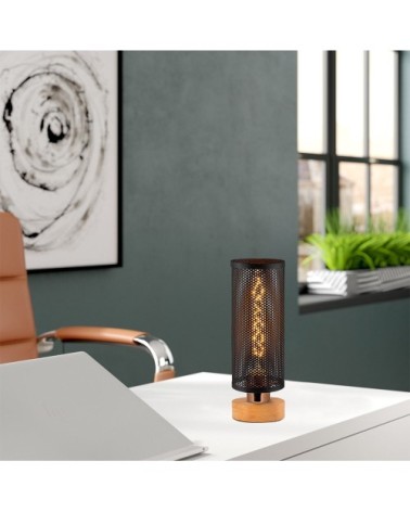 Lampe de table moderne avec base en bois et écran en maille métallique
