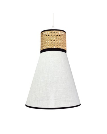 Suspension avec abat-jour conique en lin blanc et raphia