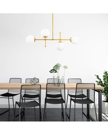 Suspension doré à 4 lumières horizontales et sphères en verre