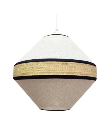 Suspension marron et blanc en lin et rotin fait main