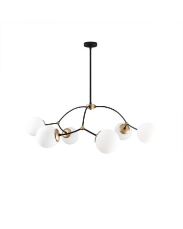 Suspension noir 6 lumières avec abat-jour en verre opale blanc