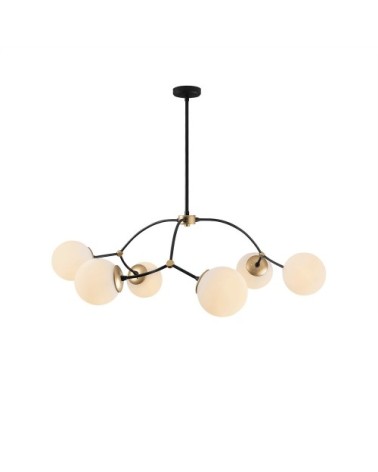Suspension noir 6 lumières avec abat-jour en verre opale blanc