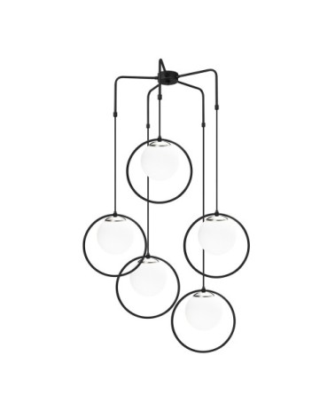 Suspension 5 lumières forme anneau noir avec sphère en verre