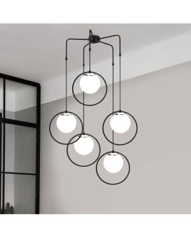 Suspension 5 lumières forme anneau noir avec sphère en verre