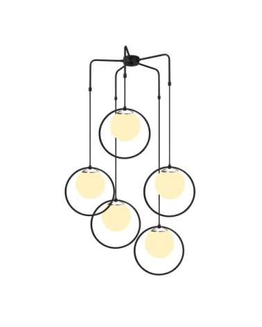 Suspension 5 lumières forme anneau noir avec sphère en verre