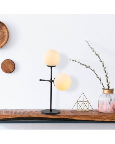 Lampe de table noire 2 lumières avec sphères en verre blanc