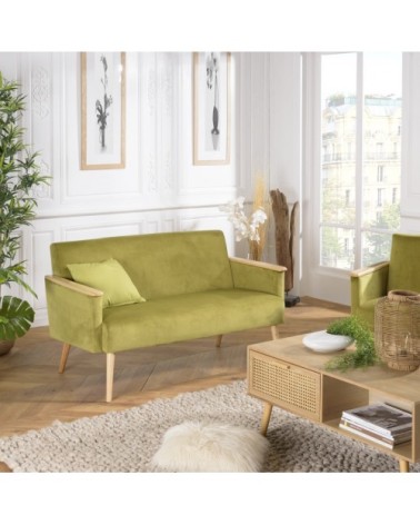 Canapé 2 places velours vert clair pieds et accoudoirs bois