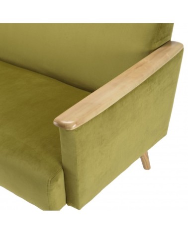 Canapé 2 places velours vert clair pieds et accoudoirs bois