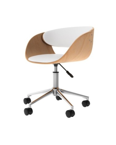 Chaise de bureau pivotante sur roulettes en bois et PU blanc