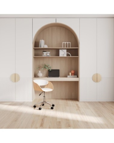 Chaise de bureau pivotante sur roulettes en bois et PU blanc