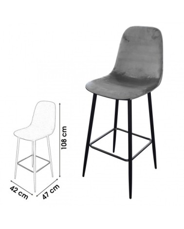 Tabouret de bar métal noir et assise velours gris 42x47x108cm