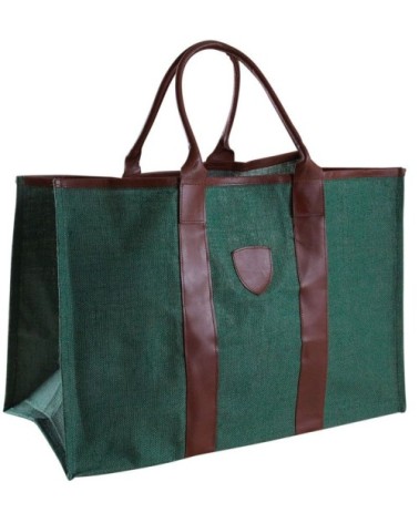 Sac à bûches en jute vert et cuir