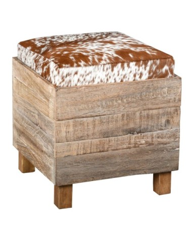 Coffre pouf carré en bois recyclé et peau de vache