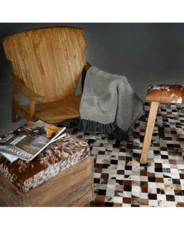 Coffre pouf carré en bois recyclé et peau de vache