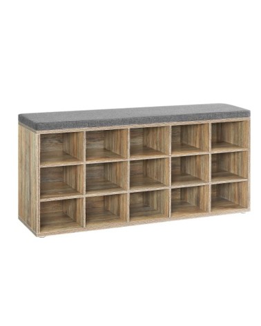 Banc à chaussures assise rembourrée et 15 compartiments chêne et gris