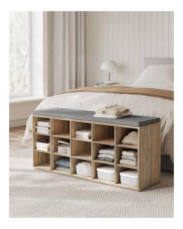 Banc à chaussures assise rembourrée et 15 compartiments chêne et gris