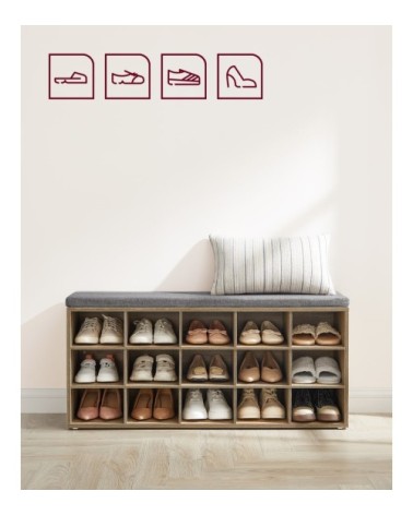 Banc à chaussures assise rembourrée et 15 compartiments chêne et gris