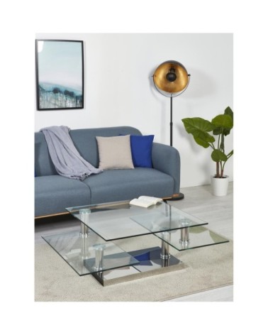 Table basse grise plateau verre pieds métal 80x80cm