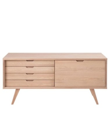 Buffet bas scandinave en chêne blanchi 4 tiroirs 1 porte coulissante