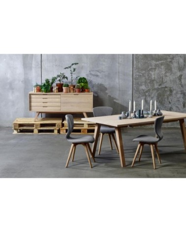 Buffet bas scandinave en chêne blanchi 4 tiroirs 1 porte coulissante