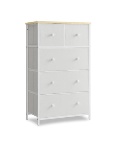 Commode avec 5 tiroirs en tissu blanc et couleur boisée