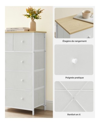 Commode avec 5 tiroirs en tissu blanc et couleur boisée