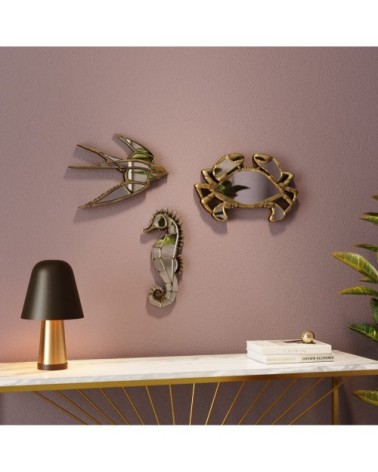 Déco murale hirondelle dorée en verre miroir 31x39