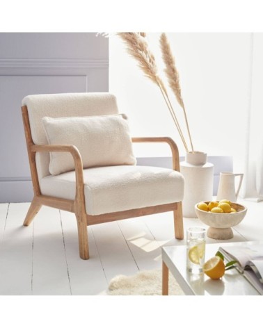 Fauteuil à bouclettes blanches en bois et tissu