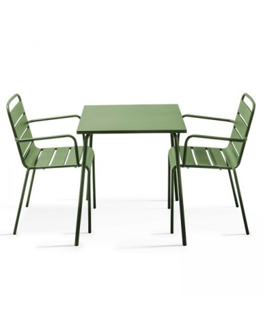 Ensemble table de jardin carrée et 2 fauteuils acier vert cactus