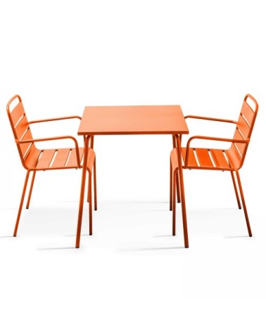 Ensemble table de jardin carrée et 2 fauteuils acier orange